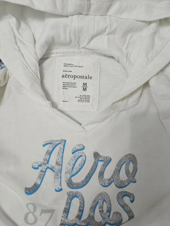 Aeropostale White Pullover Hoodie Sweatshirt with Pocket - Size Medium - Picture 4 of 6